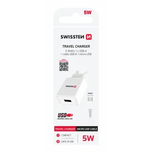 Încărcător de călătorie SWISSTEN cu circuit integrat inteligent și 1x USB 1A, cablu de alimentare + date, USB / MICRO USB 1.2 m, alb
