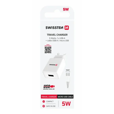 Încărcător de călătorie SWISSTEN cu circuit integrat inteligent și 1x USB 1A, cablu de alimentare + date, USB / MICRO USB 1.2 m, alb