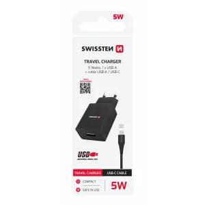 Încărcător de călătorie SWISSTEN cu circuit integrat inteligent și 1x USB 1A, cablu de alimentare + date, USB / TIP C, 1,2 m, negru