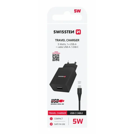 Încărcător de călătorie SWISSTEN cu circuit integrat inteligent și 1x USB 1A, cablu de alimentare + date, USB / TIP C, 1,2 m, negru