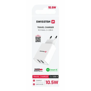 Încărcător de călătorie SWISSTEN cu circuit integrat inteligent și 2 porturi USB 2.1A, alb