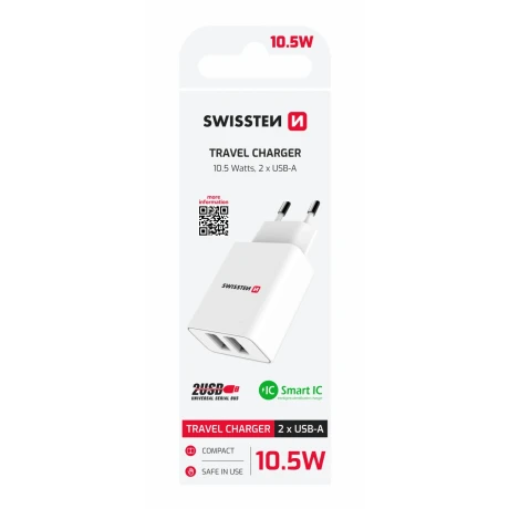 Încărcător de călătorie SWISSTEN cu circuit integrat inteligent și 2 porturi USB 2.1A, alb