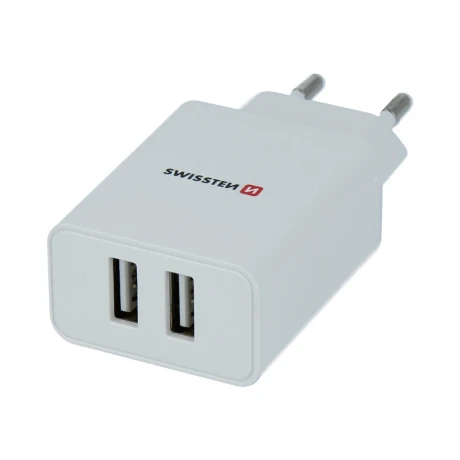 Încărcător de călătorie SWISSTEN cu circuit integrat inteligent și 2 porturi USB 2.1A, alb
