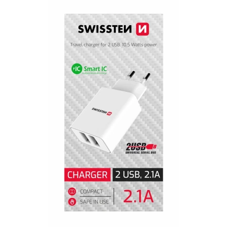 Încărcător de călătorie SWISSTEN cu circuit integrat inteligent și 2 porturi USB 2.1A, alb (cutie CDU SWISSTEN)