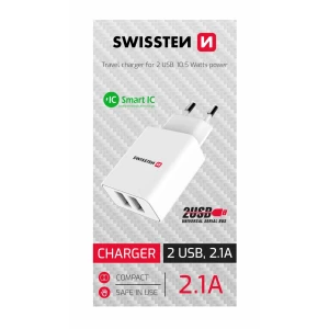 Încărcător de călătorie SWISSTEN cu circuit integrat inteligent și 2 porturi USB 2.1A, alb (cutie CDU SWISSTEN)