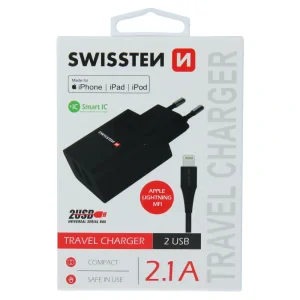 Încărcător de călătorie SWISSTEN cu circuit integrat inteligent și 2 porturi USB 2.1A, cablu de alimentare + date, USB / LIGHTNING MFi 1.2 m, negru