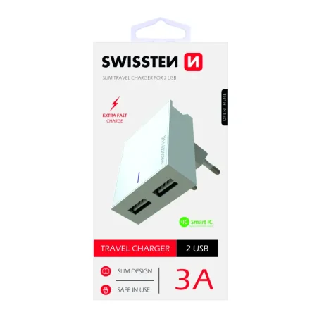 Încărcător de călătorie Swissten cu circuit integrat inteligent și 2 porturi USB 3A, alb
