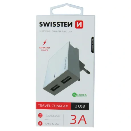 Încărcător de călătorie Swissten cu circuit integrat inteligent și 2 porturi USB 3A, alb