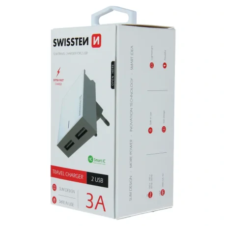 Încărcător de călătorie Swissten cu circuit integrat inteligent și 2 porturi USB 3A, alb