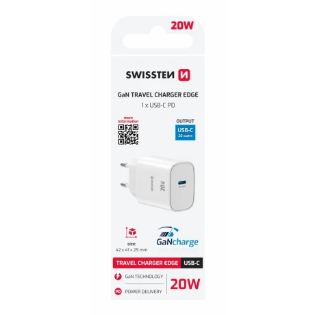 Încărcător de călătorie SWISSTEN EDGE GaN 1x USB-C 20W Alb