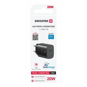 Încărcător de călătorie SWISSTEN EDGE GaN 1x USB-C 20W Negru
