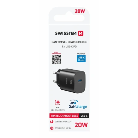 Încărcător de călătorie SWISSTEN EDGE GaN 1x USB-C 20W Negru