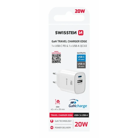 Încărcător de călătorie SWISSTEN EDGE GaN 1x USB-C PD 20W + 1x USB-A 18W QC ALB