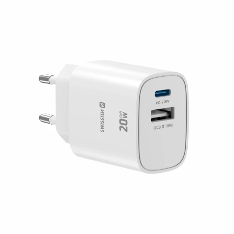 Încărcător de călătorie SWISSTEN EDGE GaN 1x USB-C PD 20W + 1x USB-A 18W QC ALB