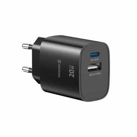 Încărcător de călătorie SWISSTEN EDGE GaN 1x USB-C PD 20W + 1x USB-A 18W QC NEGRU