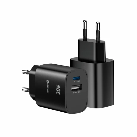 Încărcător de călătorie SWISSTEN EDGE GaN 1x USB-C PD 20W + 1x USB-A 18W QC NEGRU