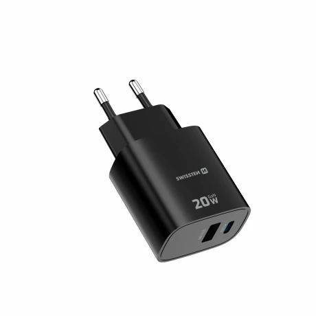 Încărcător de călătorie SWISSTEN EDGE GaN 1x USB-C PD 20W + 1x USB-A 18W QC NEGRU