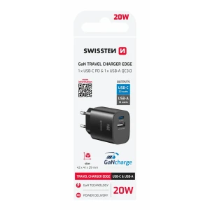 Încărcător de călătorie SWISSTEN EDGE GaN 1x USB-C PD 20W + 1x USB-A 18W QC NEGRU