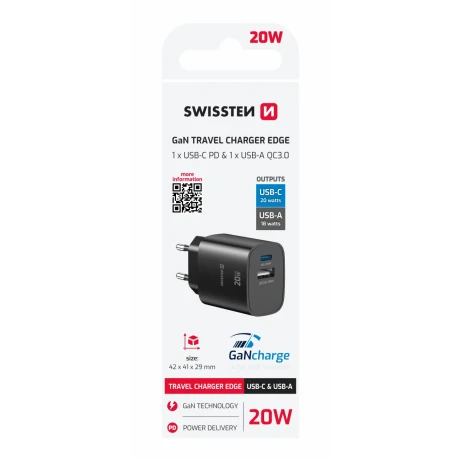 Încărcător de călătorie SWISSTEN EDGE GaN 1x USB-C PD 20W + 1x USB-A 18W QC NEGRU