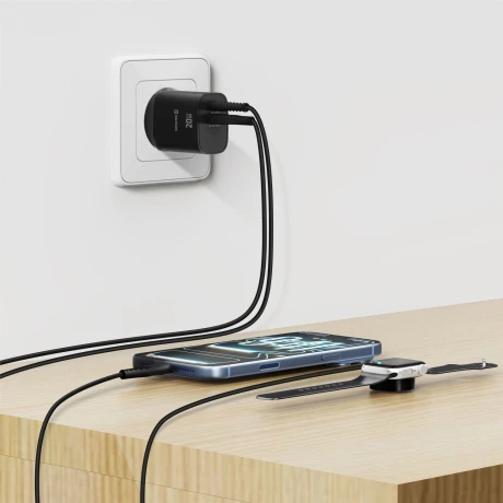 Încărcător de călătorie SWISSTEN EDGE GaN 1x USB-C PD 20W + 1x USB-A 18W QC NEGRU