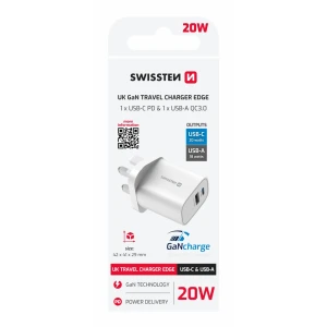 Încărcător de călătorie SWISSTEN EDGE GaN 1x USB-C PD 20W + 1x USB-A 18W QC, pentru priză UK, alb
