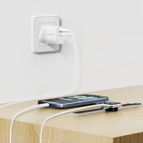 Încărcător de călătorie SWISSTEN EDGE GaN 1x USB-C PD 20W + 1x USB-A 18W QC, pentru priză UK, alb