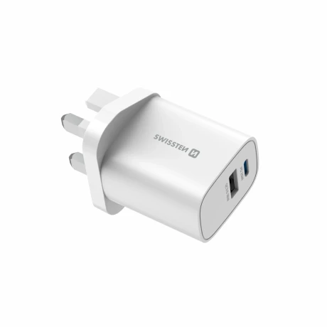 Încărcător de călătorie SWISSTEN EDGE GaN 1x USB-C PD 20W + 1x USB-A 18W QC, pentru priză UK, alb