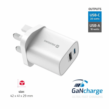 Încărcător de călătorie SWISSTEN EDGE GaN 1x USB-C PD 20W + 1x USB-A 18W QC, pentru priză UK, alb