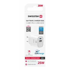 Încărcător de călătorie SWISSTEN EDGE GaN 1x USB-C PD 25W + 1x USB-A 18W QC ALB