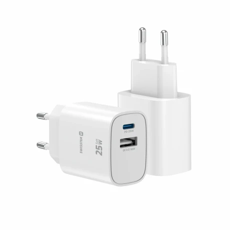 Încărcător de călătorie SWISSTEN EDGE GaN 1x USB-C PD 25W + 1x USB-A 18W QC ALB