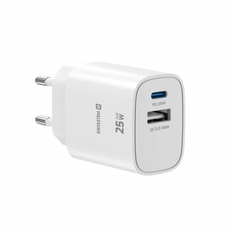Încărcător de călătorie SWISSTEN EDGE GaN 1x USB-C PD 25W + 1x USB-A 18W QC ALB