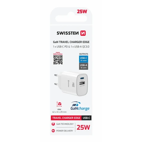 Încărcător de călătorie SWISSTEN EDGE GaN 1x USB-C PD 25W + 1x USB-A 18W QC NEGRU