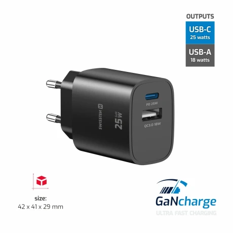 Încărcător de călătorie SWISSTEN EDGE GaN 1x USB-C PD 25W + 1x USB-A 18W QC NEGRU