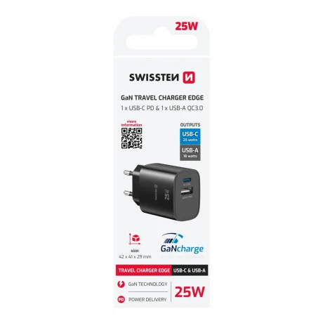 Încărcător de călătorie SWISSTEN EDGE GaN 1x USB-C PD 25W + 1x USB-A 18W QC NEGRU