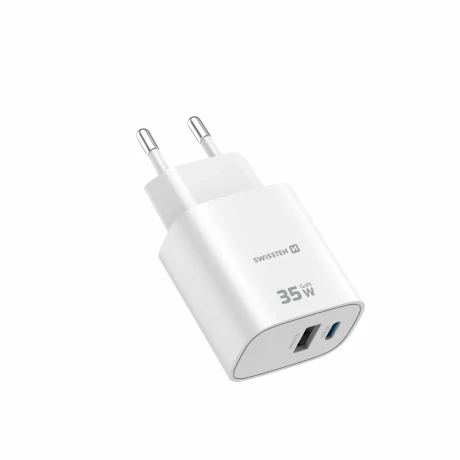 Încărcător de călătorie SWISSTEN EDGE GaN 1x USB-C PD 35W + 1x USB-A 18W QC ALB