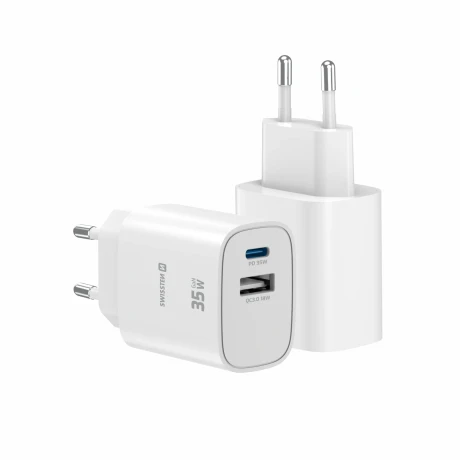Încărcător de călătorie SWISSTEN EDGE GaN 1x USB-C PD 35W + 1x USB-A 18W QC ALB