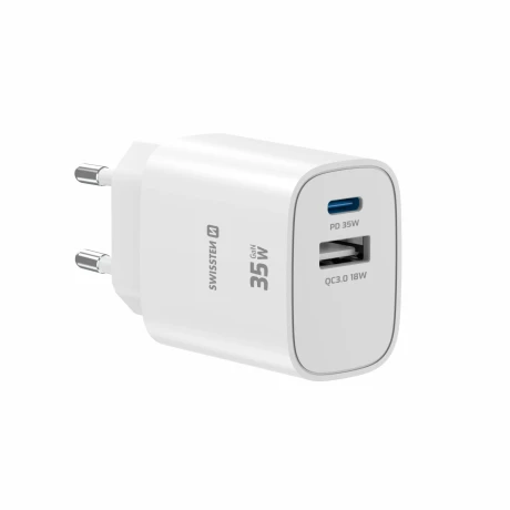 Încărcător de călătorie SWISSTEN EDGE GaN 1x USB-C PD 35W + 1x USB-A 18W QC ALB