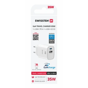 Încărcător de călătorie SWISSTEN EDGE GaN 1x USB-C PD 35W + 1x USB-A 18W QC ALB