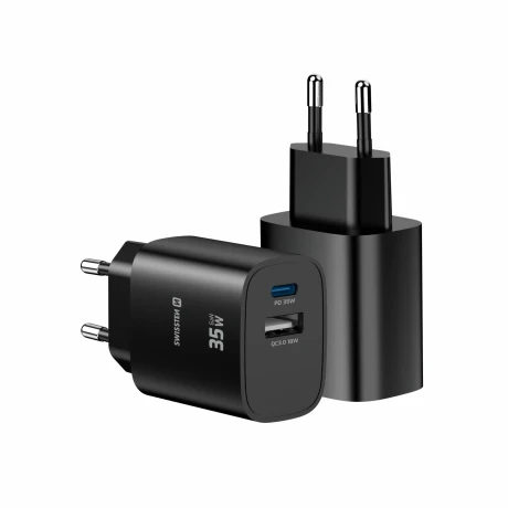 Încărcător de călătorie SWISSTEN EDGE GaN 1x USB-C PD 35W + 1x USB-A 18W QC NEGRU