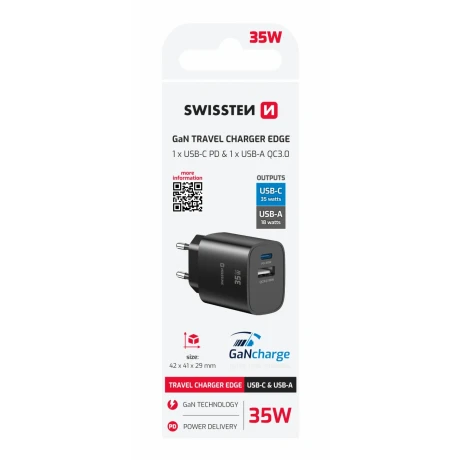 Încărcător de călătorie SWISSTEN EDGE GaN 1x USB-C PD 35W + 1x USB-A 18W QC NEGRU