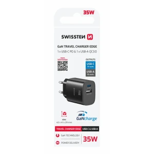 Încărcător de călătorie SWISSTEN EDGE GaN 1x USB-C PD 35W + 1x USB-A 18W QC NEGRU