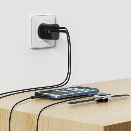 Încărcător de călătorie SWISSTEN EDGE GaN 1x USB-C PD 35W + 1x USB-A 18W QC NEGRU