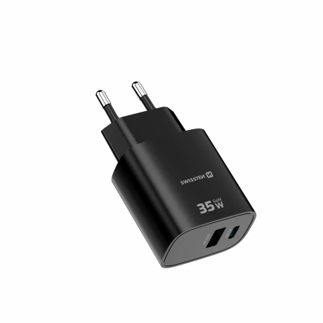 Încărcător de călătorie SWISSTEN EDGE GaN 1x USB-C PD 35W + 1x USB-A 18W QC NEGRU
