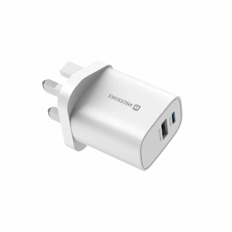 Încărcător de călătorie SWISSTEN EDGE GaN 1x USB-C PD 35W + 1x USB-A 18W QC, pentru priză UK, alb