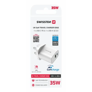 Încărcător de călătorie SWISSTEN EDGE GaN 1x USB-C PD 35W + 1x USB-A 18W QC, pentru priză UK, alb