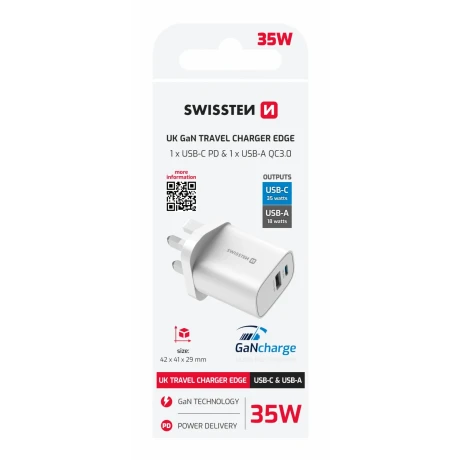 Încărcător de călătorie SWISSTEN EDGE GaN 1x USB-C PD 35W + 1x USB-A 18W QC, pentru priză UK, alb
