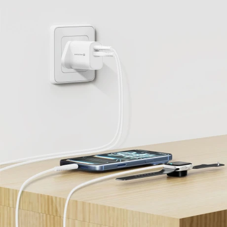 Încărcător de călătorie SWISSTEN EDGE GaN 1x USB-C PD 35W + 1x USB-A 18W QC, pentru priză UK, alb