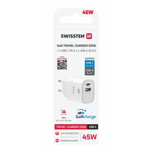 Încărcător de călătorie SWISSTEN EDGE GaN 1x USB-C PD 45W + 1x USB-A 18W QC ALB