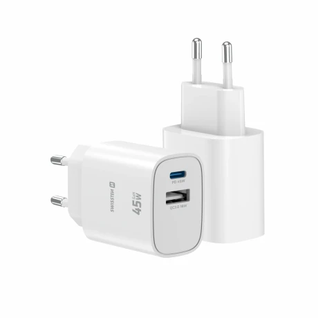 Încărcător de călătorie SWISSTEN EDGE GaN 1x USB-C PD 45W + 1x USB-A 18W QC ALB
