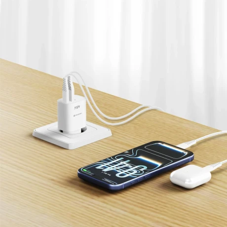 Încărcător de călătorie SWISSTEN EDGE GaN 1x USB-C PD 45W + 1x USB-A 18W QC ALB